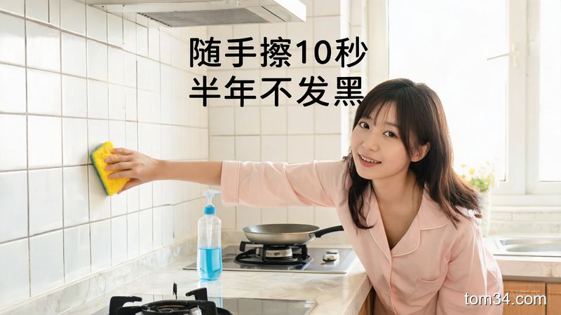 明亮家庭厨房场景，普通人擦灶台时顺手擦瓷砖缝隙的动作，旁边配文字“随手擦10秒，半年不发黑”，清新明亮生活化风格，突出轻松无负担、好坚持