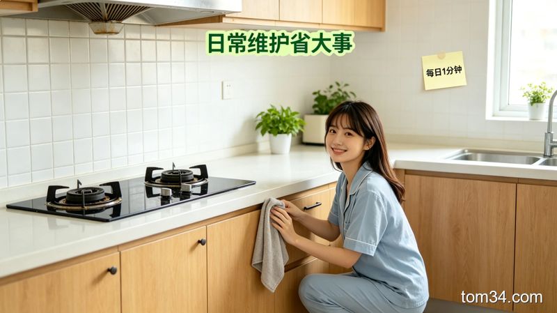 日常厨房维护场景，女生做完饭顺手用抹布擦拭灶台表面