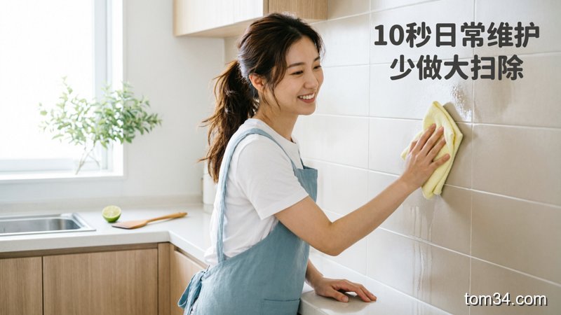清新明亮生活化厨房场景，刚做完饭的人随手拿抹布擦拭灶台表面，配文字“饭后擦1分钟 少做大扫除”，突出日常维护零负担