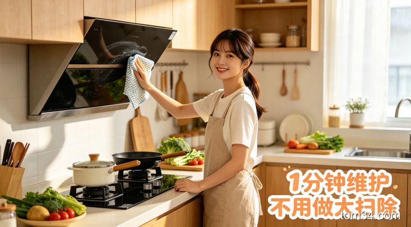 轻松生活化厨房场景，年轻女生做完饭随手拿鱼鳞布擦拭灶台，表情轻松不费力，配文字标注「1分钟维护 不用做大扫除」，风格温暖明亮，突出省时省力