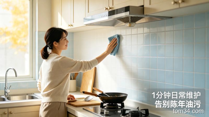 女生用湿抹布擦拭撒了小苏打和白醋的灶台，厚重油污一擦即净