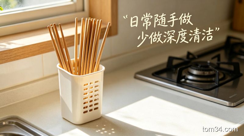 清新明亮生活化风格，洗干净的竹筷木筷立在通风筷笼里，旁边是整洁发亮的灶台台面，配文字标注“日常随手做 少做深度清洁”，突出轻松维护省时间