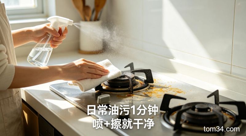 清新明亮刚做完饭的厨房场景，灶台上有轻微油污，一只手拿着喷壶喷洒，另一只手拿抹布同步擦拭，配文字标注「日常油污1分钟 喷+擦就干净」，动作轻松不费力，突出快手清洁