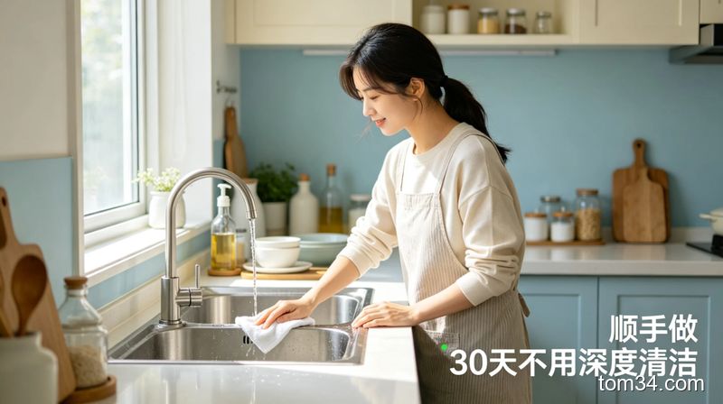 清新明亮生活化厨房场景，洗完碗后用户顺手用抹布擦干水槽积水，配文字「顺手做 30天不用深度清洁」，突出低负担维护特点