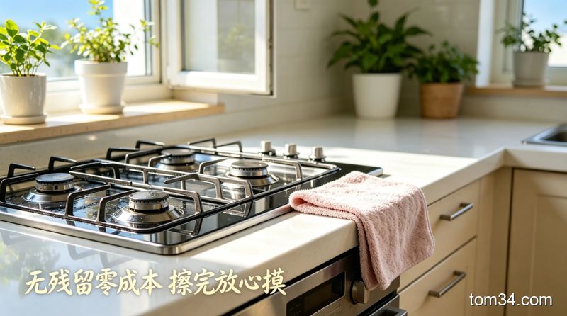 灶台油污清洁操作步骤展示，抹布湿敷在沾有重油污的灶台表面，旁边放着装了小苏打白醋清洁液的盆子