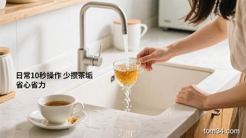 厨房明亮台面场景，女生手持海绵用小苏打擦拭带茶垢的陶瓷杯，动作轻松