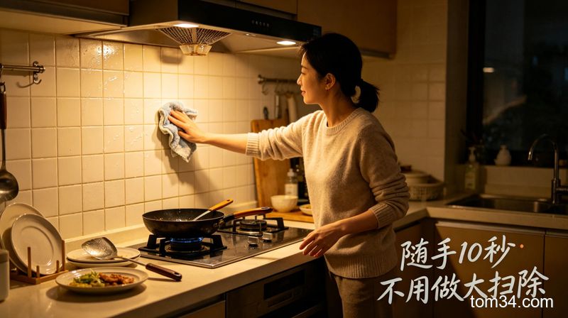 刚做完饭的温馨生活化厨房，人物拿着湿抹布随手擦灶台旁瓷砖，动作轻松，配文字标注「随手10秒 不用做大扫除」