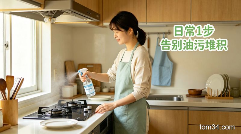 刚做完饭的温馨厨房场景，普通人随手拿小型白醋喷壶喷灶台边缘，动作随意不费劲，旁边配文字标注「日常1步 告别油污堆积」，清新生活化风格，突出低负担清洁的特点