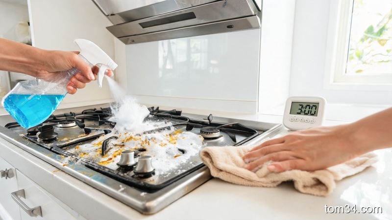 正确使用重油污清洁剂三步：均匀喷洒后静置3分钟，再用湿布擦拭，最后干布擦亮不锈钢灶台