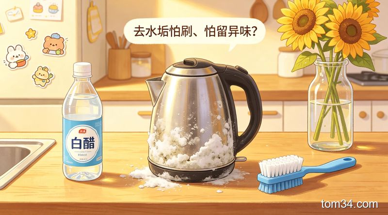 布满水垢的家用热水壶，旁边放着硬毛刷和半瓶白醋的厨房台面场景