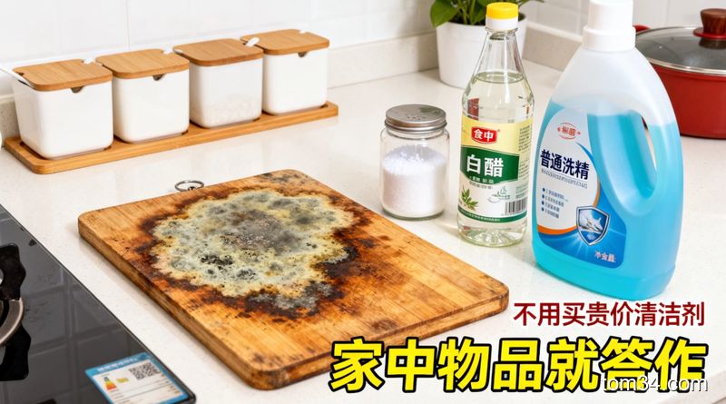 清新明亮生活化风格，厨房台面上摆放着带有明显霉斑和陈年油污的木质菜板，旁边放着家中常见的食盐、瓶装白醋、普通洗洁精，配文字标注‘不用买贵价清洁剂 家中物品就搞定’