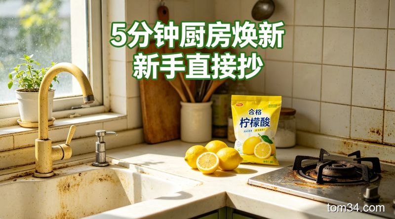清新明亮生活化厨房场景，台面上摆放着积有水垢的水槽、发黄的水龙头、沾了油污的灶台，旁边放着鲜柠檬、平价柠檬酸袋，配文字“5分钟厨房焕新 新手直接抄”，风格温馨接地气，突出低成本简单清洁
