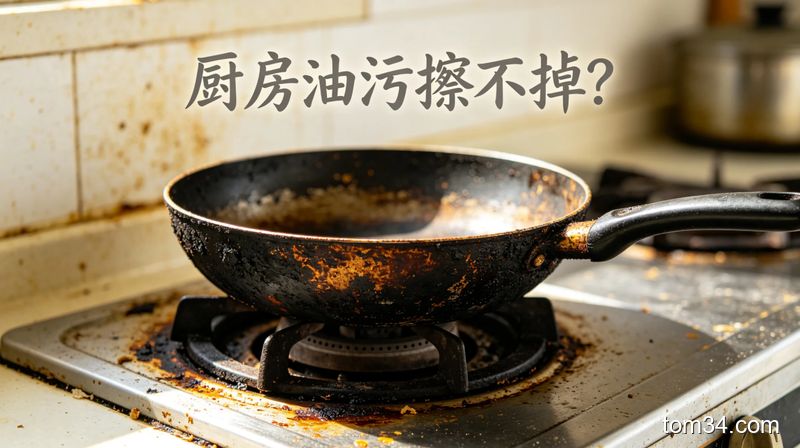 普通家庭日常厨房，主体：布满厚重油污的灶台、带黑色陈年烧痕的旧铁锅特写，风格：清新明亮生活化，关键元素：添加文字标注「厨房油污擦不掉？」，真实还原清洁前的脏乱状态
