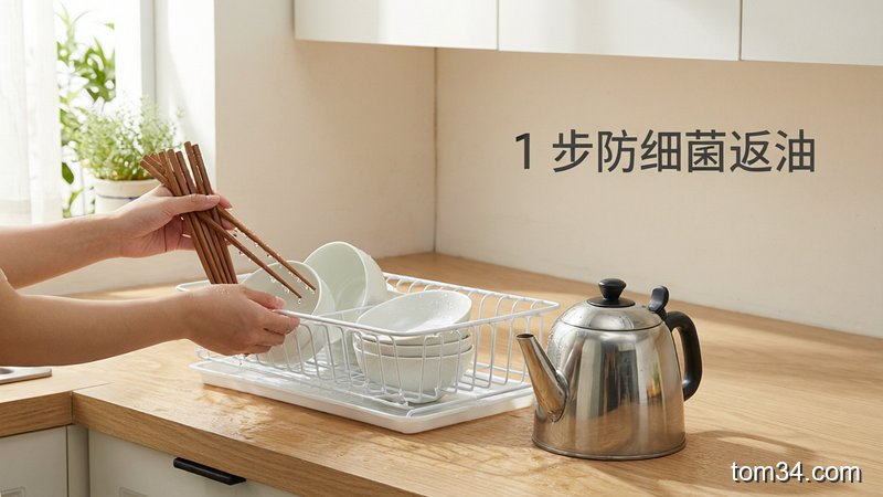 场景：厨房碗柜旁，主体动作：将洗好的筷子、碗筷放在沥水架上自然晾干，旁侧摆放开水壶，标注「1步防细菌返油」文字，风格：清新明亮生活化，关键元素：简单操作、长期保持干净、无油污残留