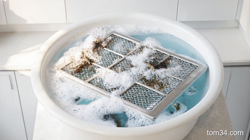 用洗洁精清洁抽油烟机滤网,泡沫分解油污