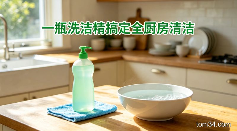 清新明亮生活化场景，桌面上仅摆放普通家用洗洁精、百洁布、一碗温水，无其他复杂清洁产品，配文字标注「一瓶洗洁精搞定全厨房清洁」，突出低成本无需额外消费