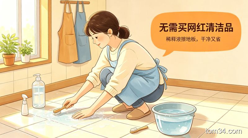 清新明亮生活化厨房场景，普通人手持洗洁精演示正确稀释用法，旁边标注「无需买网红清洁品」文字，风格接地气，突出简单高效低成本