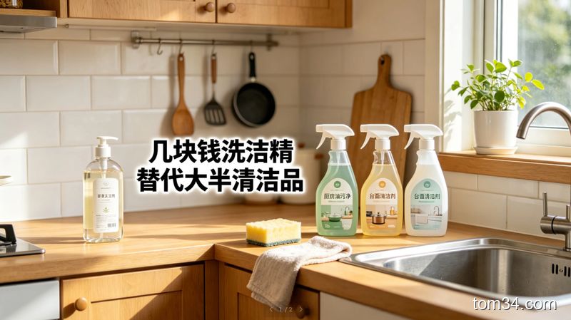 清新明亮生活化普通家庭厨房场景，台面上摆放着几块钱的普通洗洁精和一堆昂贵的专用厨房油污净、台面清洁剂做对比，添加文字标注「几块钱洗洁精 替代大半清洁品」，突出低成本省钱的特点