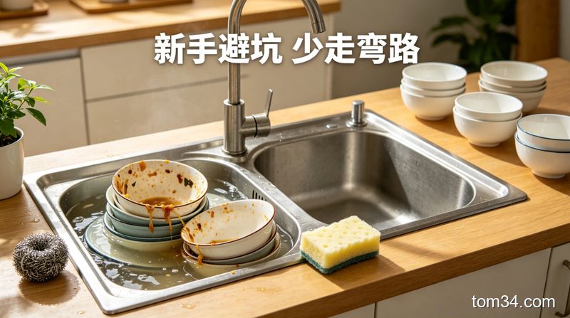 对比图：左边是泡了很久飘着污渍的碗筷，右边是被钢丝球刮花的不粘锅和陶瓷碗，配明显警示标识