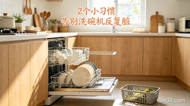 清新明亮居家厨房场景，洗完碗的洗碗机拉开一条小缝通风，旁边摆着清空的残渣篮，配文字「2个小习惯 告别洗碗机反复脏」，风格温馨，突出轻松无负担