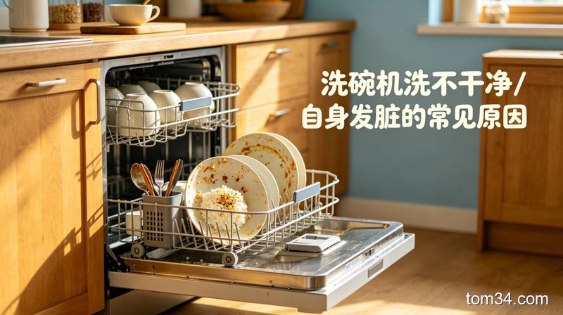 清新明亮生活化厨房场景，打开的洗碗机内放着带油污饭粒的未洗净餐具，旁边配文字标注「洗碗机洗不干净/自身发脏的常见原因」，风格温馨接地气，突出简单易懂