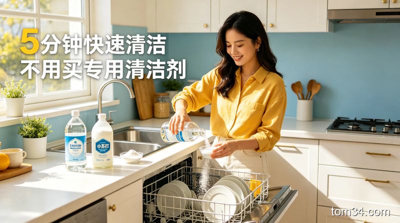 清新明亮厨房场景，台面上摆着白醋、小苏打两种家常清洁用品，博主正往洗碗机里倒材料，旁边配文字「5分钟快速清洁 不用买专用清洁剂」，动作轻快，突出高效低成本