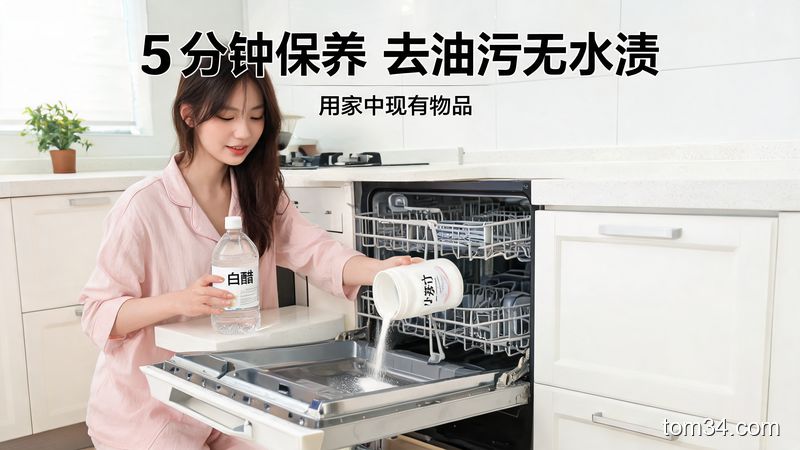 厨房台面场景，博主随手拿厨房常备的小苏打/白醋往洗碗机里倒，动作简单快速，风格清新明亮生活化，配文字标注「5分钟保养 去油污无水渍」「用家中现有物品」，突出低成本便捷