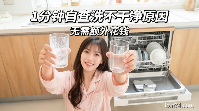 厨房洗碗机旁场景，博主手拿带白色水渍的玻璃杯和干净透亮的玻璃杯做对比，风格清新明亮生活化，配文字标注「1分钟自查洗不干净原因」「无需额外花钱」，突出简单快速