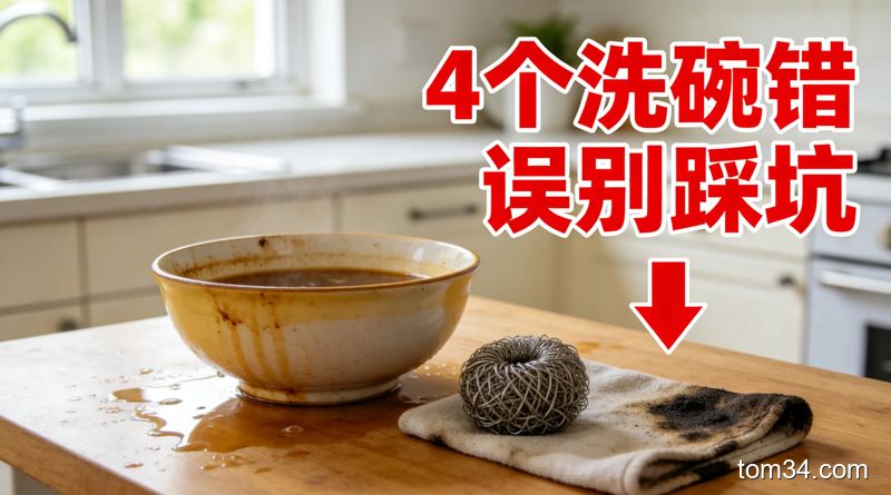 厨房台面摆放发黄瓷碗、钢丝球、脏洗碗布的油污清洁对比示意图