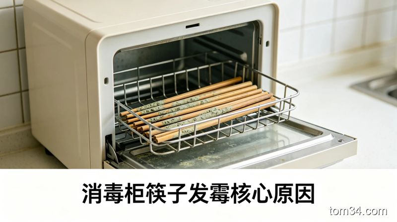 清新明亮生活化厨房场景，打开的家用消毒柜里摆放着带轻微霉斑的筷子，配文字标注「消毒柜筷子发霉核心原因」，真实居家氛围感，无复杂装饰