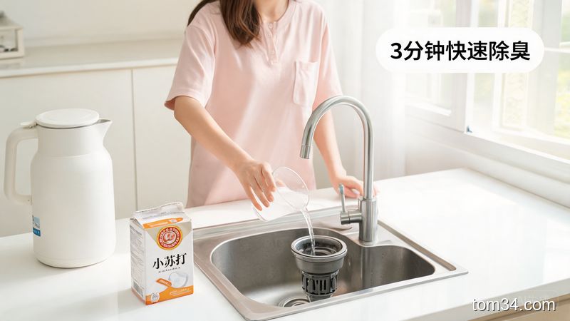 清新明亮生活化厨房台面场景，台面上放着普通家用小苏打、温水壶，女生正往垃圾处理器里倒小苏打水，旁边配文字标注「3分钟快速除臭」，突出用家中现有物品、操作简单、零额外花费的特点