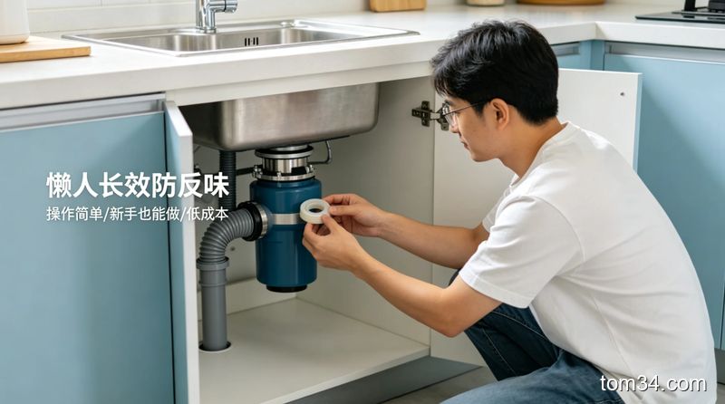 清新明亮的厨房水槽下橱柜场景，业主徒手调整垃圾处理器排水管的密封胶圈，旁边配文字标注「懒人长效防反味」，突出操作简单、新手也能做、低成本的特点
