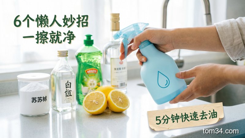 厨房台面摆放小苏打、白醋、洗洁精、柠檬、白酒等家用常见物品，风格：清新明亮生活化，主体动作：手拿着喷壶演示调清洁溶液，关键元素：标注「6个懒人妙招 一擦就净」「5分钟快速去油」文字，突出简单低成本