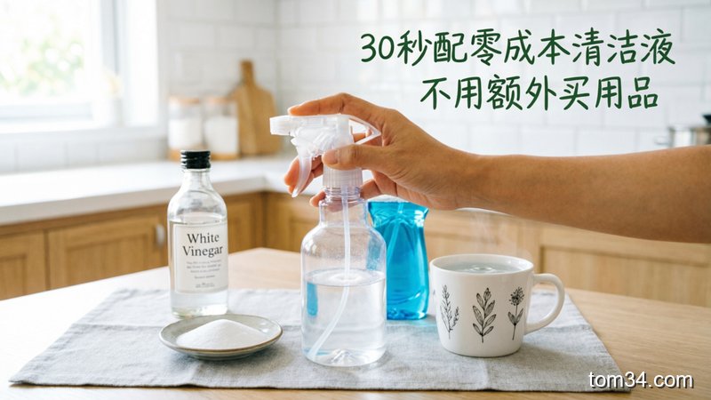 场景：普通家庭厨房台面，摆放着喷壶、小苏打、白醋、洗洁精、温水杯，有人正轻松往喷壶里加材料，风格：清新明亮生活化，关键元素：配文字「30秒配零成本清洁液 不用额外买用品」，突出快手低成本