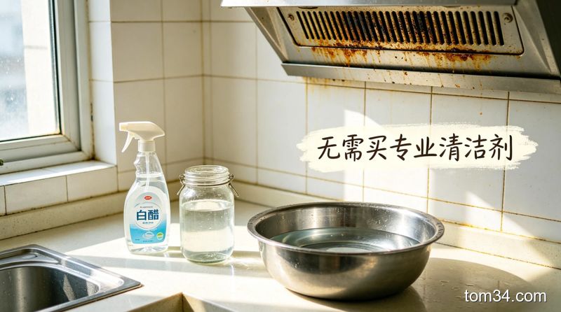 厨房台面上摆放着洗洁精、白醋等家常清洁用品，整洁明亮