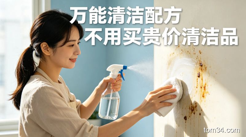 人物正在把白醋和小苏打倒进喷壶自制清洁剂，对着重油污的墙面一喷一擦就干净，配文字'万能清洁配方 不用买贵价清洁品'，风格清新明亮，突出简单高效