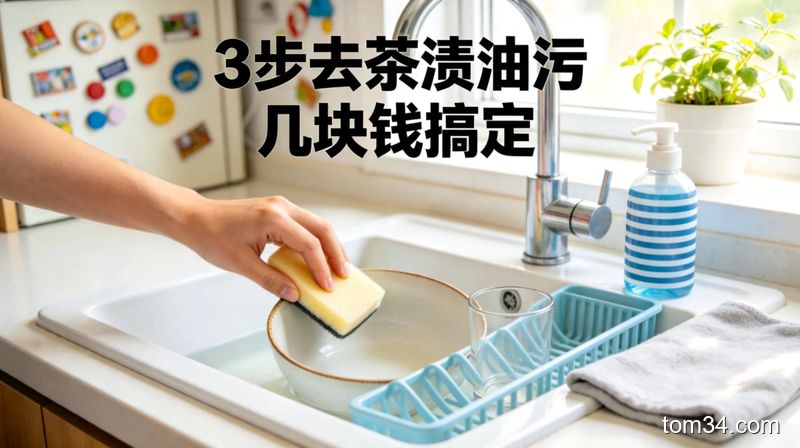 在灶台旁，手边放着小苏打和柠檬