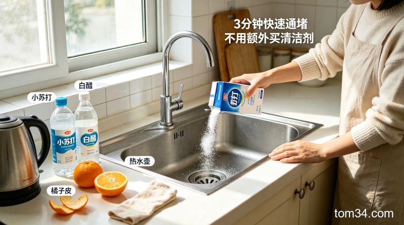 清新明亮生活化厨房水槽边，摆放小苏打、白醋、热水壶、橘子皮、旧丝袜等家常物品，博主用手演示倒小苏打进下水道的简单动作，配文字「3分钟快速通堵 不用额外买清洁剂」，突出低成本易操作