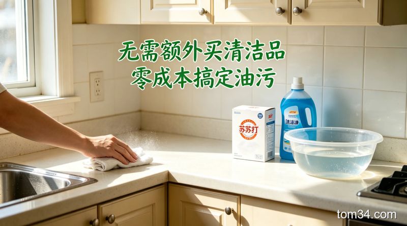 整洁明亮的现代厨房，灶台有轻微油污，旁边放着小苏打、洗洁精等家常清洁用品