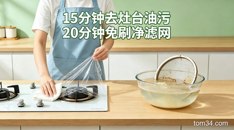 用小苏打、白醋清洁灶台的操作场景，保鲜膜贴在撒了小苏打的灶台上，旁边放着清洁抹布