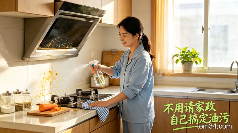 小苏打、白醋、洗洁精三种常用清洁用品整齐摆放在厨房木质台面上，旁边放着喷壶、旧牙刷等工具