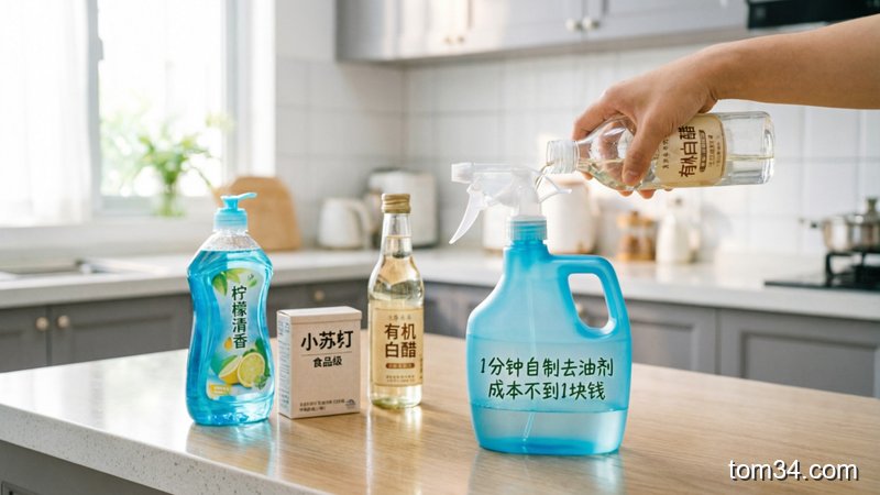 明亮居家厨房台面场景，普通人动手将洗洁精、小苏打、白醋混合倒入喷壶的动作，清新生活化风格，画面配文字「1分钟自制去油剂 成本不到1块钱」，突出简单、快手、无需购买贵价清洁品