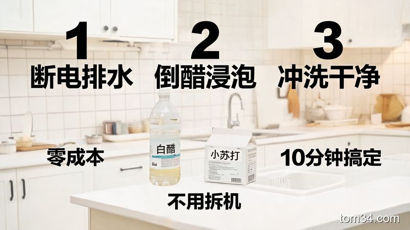 场景:普通家庭厨房台面,摆放白醋、小苏打两个家常物品,风格:清新明亮生活化,主体动作:旁配3步操作大字提示「1断电排水 2倒醋浸泡 3冲洗干净」,关键元素:零成本、不用拆机、10分钟搞定、快手操作