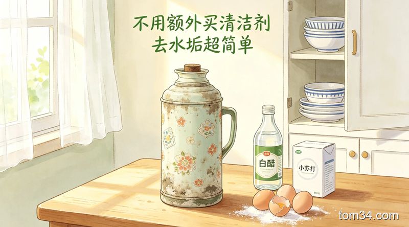 向热水瓶里倒白醋和温水的操作场景，旁边放着食用白醋瓶，厨房清洁温馨场景