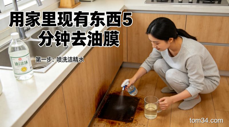 女生用加了白醋、洗洁精的清洁液拖厨房地板，左右分别是拖地前后的对比图，体现油污清洁效果