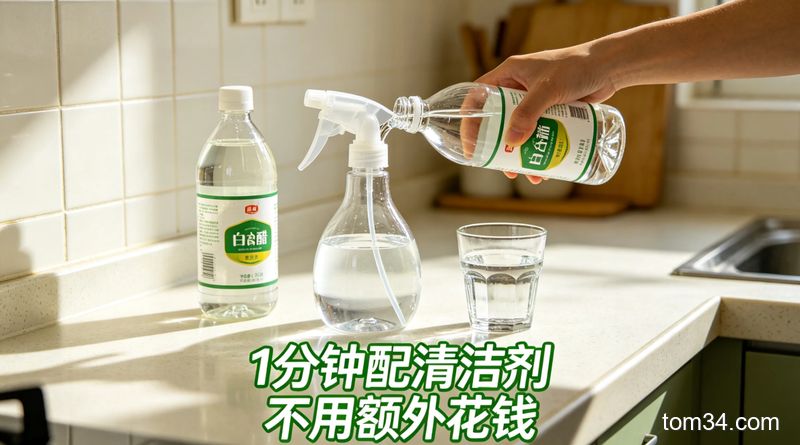透明喷壶里装着白醋和清水的混合液，旁边摆着白醋瓶、量杯的生活化厨房场景