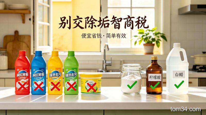网红贵价除垢剂和食品级平价清洁用品对比摆拍，背景是干净的原木风厨房台面