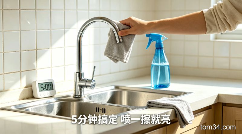 女生用棉片蘸取少量食用油，均匀涂抹在擦拭干净的水龙头表面