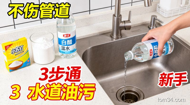 厨房水槽近景场景，台面上摆着小苏打、白醋、温水三样普通家用品，旁边有「不伤管道」「3步通下水道油污」的醒目文字标注，新手正把白醋倒进水槽，风格清新接地气，突出不用买贵价清洁品
