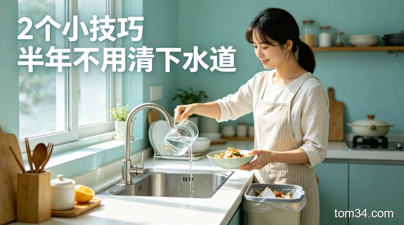 清新明亮生活化风格，日常厨房洗碗场景，展示用户先刮食物残渣到垃圾桶、倒温盐水冲下水道的动作，配有文字标注「2个小技巧 半年不用清下水道」，突出轻松易执行